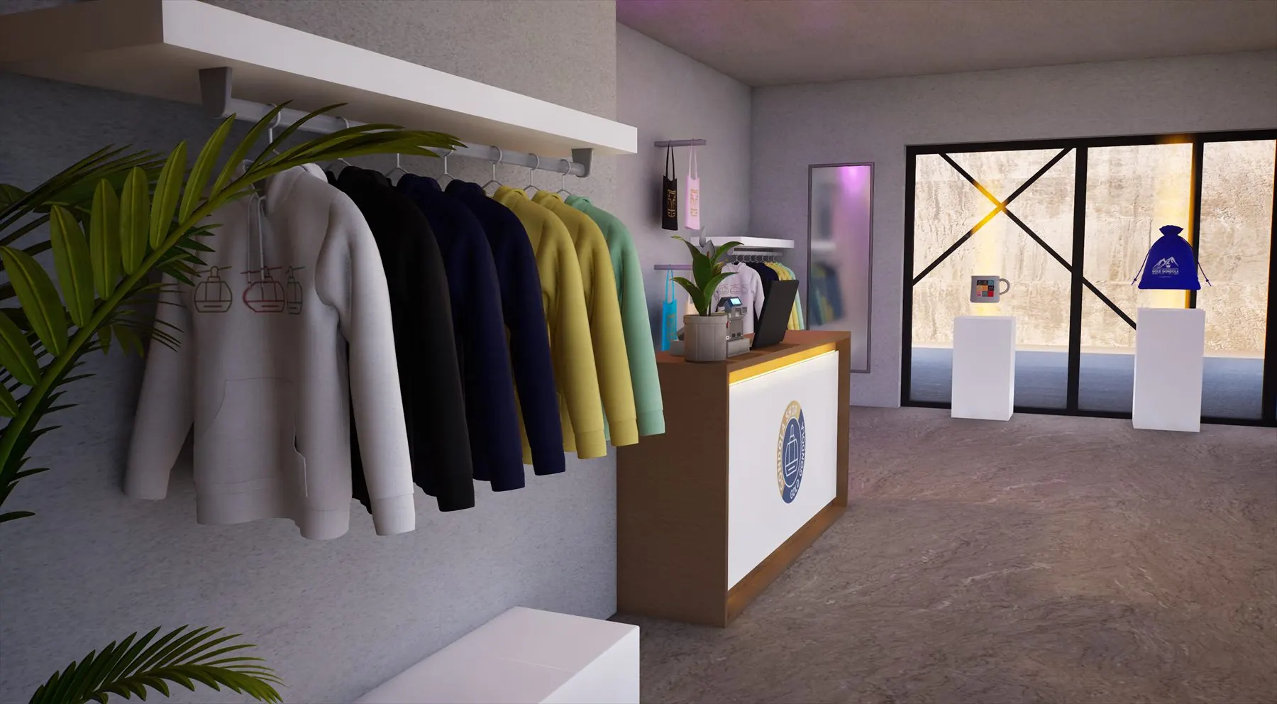 Inside the Gondola Shop with branded hoodies and merch